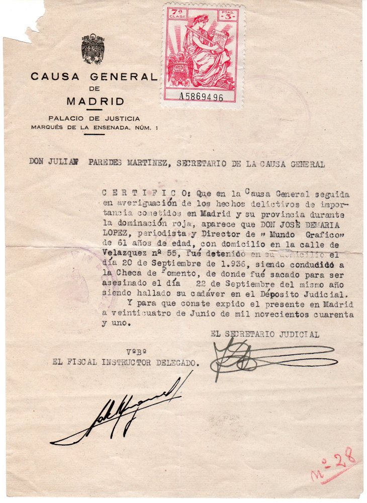Certificado de la Causa General de Madrid fechado en 1941 sobre las circunstancias de la muerte de José L. Demaría López "Campúa"