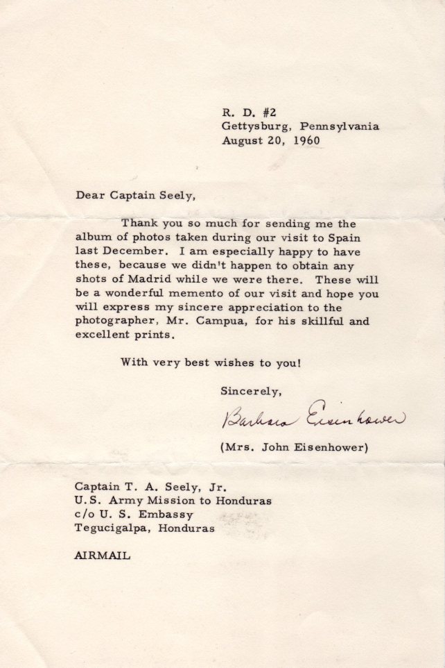 Nota de agradecimiento de Barbara Eisenhower por el reportaje fotográfico realizado por Campúa durante su visita a España.