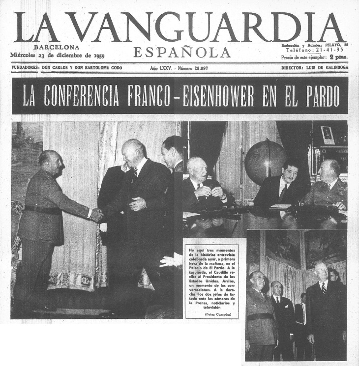 Primera página del especial gráfico de La Vanguardia el 23 de diciembre de 1959 sobre la visita de Eisenhower, con fotos de Campúa