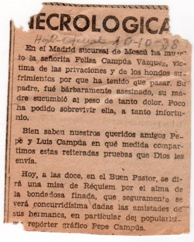Necrológica de Felisa Demaría Vázquez, hermana del fotógrafo Pepe Campúa