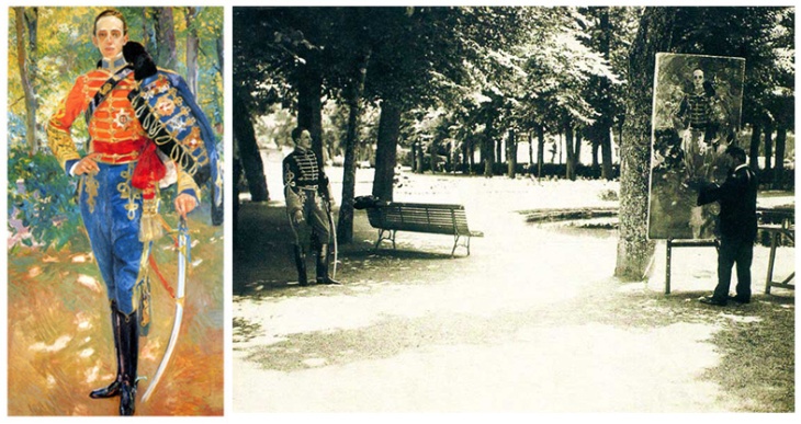 Campua padre retrató en 1907 a Sorolla mientras retrataba a Alfonso XIII con uniforme de húsar. A la izquierda el cuadro de Sorolla y a la derecha la fotografía de José L. Demaría López "Campúa"