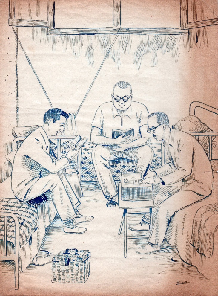 Caricatura de Campúa y otros dos compañeros realizada por D. Mullor