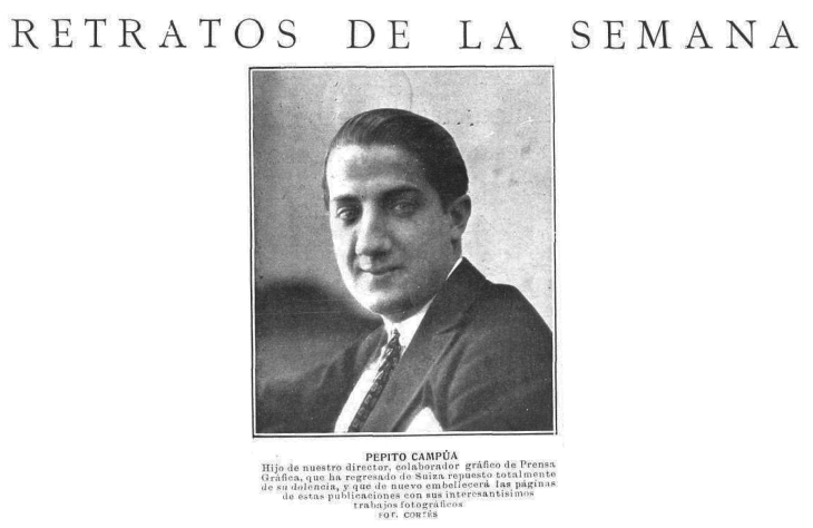 Noticia de la recuperación de la salud de Pepe Campúa y su vuelta a Madrid, publicada en Mundo Gráfico el 27 de junio de 1923