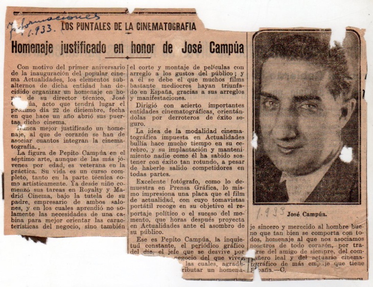 Crónica del homenaje a Pepe Campúa como empresario cinematográfico.