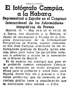 Artículo publicado en La Vanguardia el 18 de noviembre de 1954 dando noticia del viaje de Campúa a Cuba.