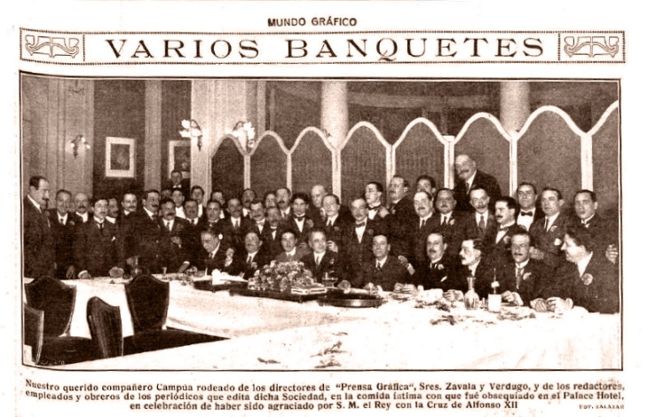 Fotonoticia del banquete íntimo en honor a Campúa publicada en Mundo Gráfico el 4 de abril de 1917