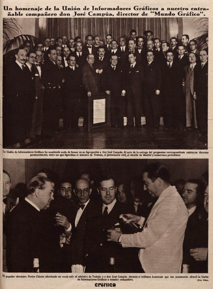 Fotonoticia publicada en la revista Crónica el 26 de mayo de 1935 dando cuenta del homenaje a Campúa y del posterior cocktail ofrecido por Perico Chicote