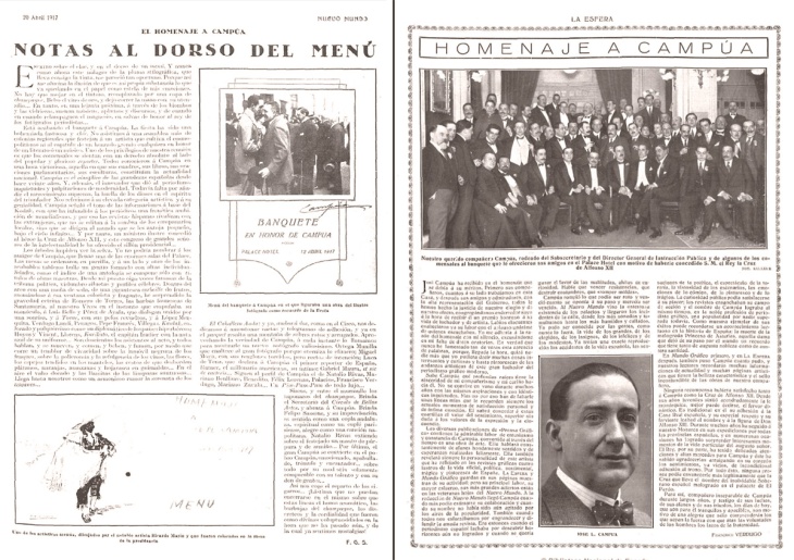 Crónicas publicadas en Nuevo Mundo (a la izquierda) y La Esfera (a la derecha) sobre el homenaje a Campúa