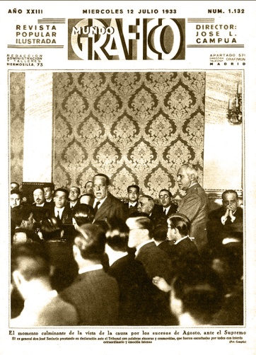 Portadilla interior de Mundo Gráfico el 12 de julio de 1933 con foto del juicio a Sanjurjo en el Tribunal en Madrid
