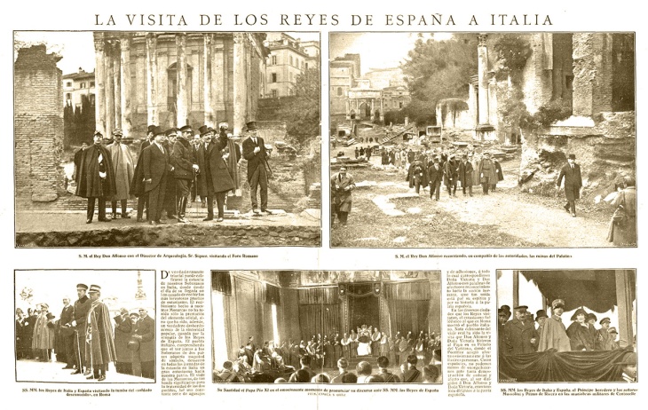 Doble página de La Esfera publicada el 1 de diciembre de 1923 con fotografías del viaje de Alfonso XIII a Roma realizadas por Campúa y Ortiz